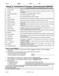 Biology 12 - Cell Membrane & Transport – Review Worksheet