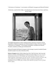 “Adventures in Translation,” a conversation with Roberta Antognini and Deborah...  Wednesday, April 20, 2016, 6:30pm, at the Mair Room in...