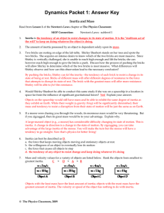 Dynamics Packet 1: Answer Key  Inertia and Mass