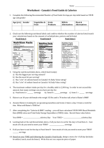 Worksheet - Food Guide & Calories