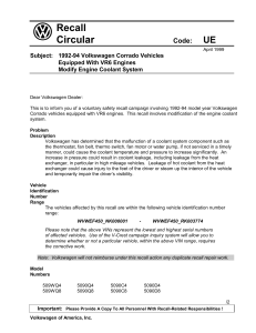 1992 - 1994 Volkswagen Corrado VR6 Heater Core Dealer Recall Information