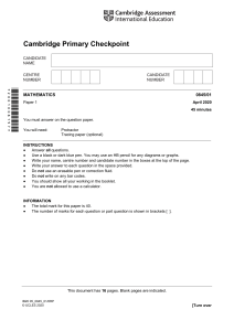 Cambridge Primary Checkpoint - Mathematics (0845) April 2020 Pap  er 1 Question